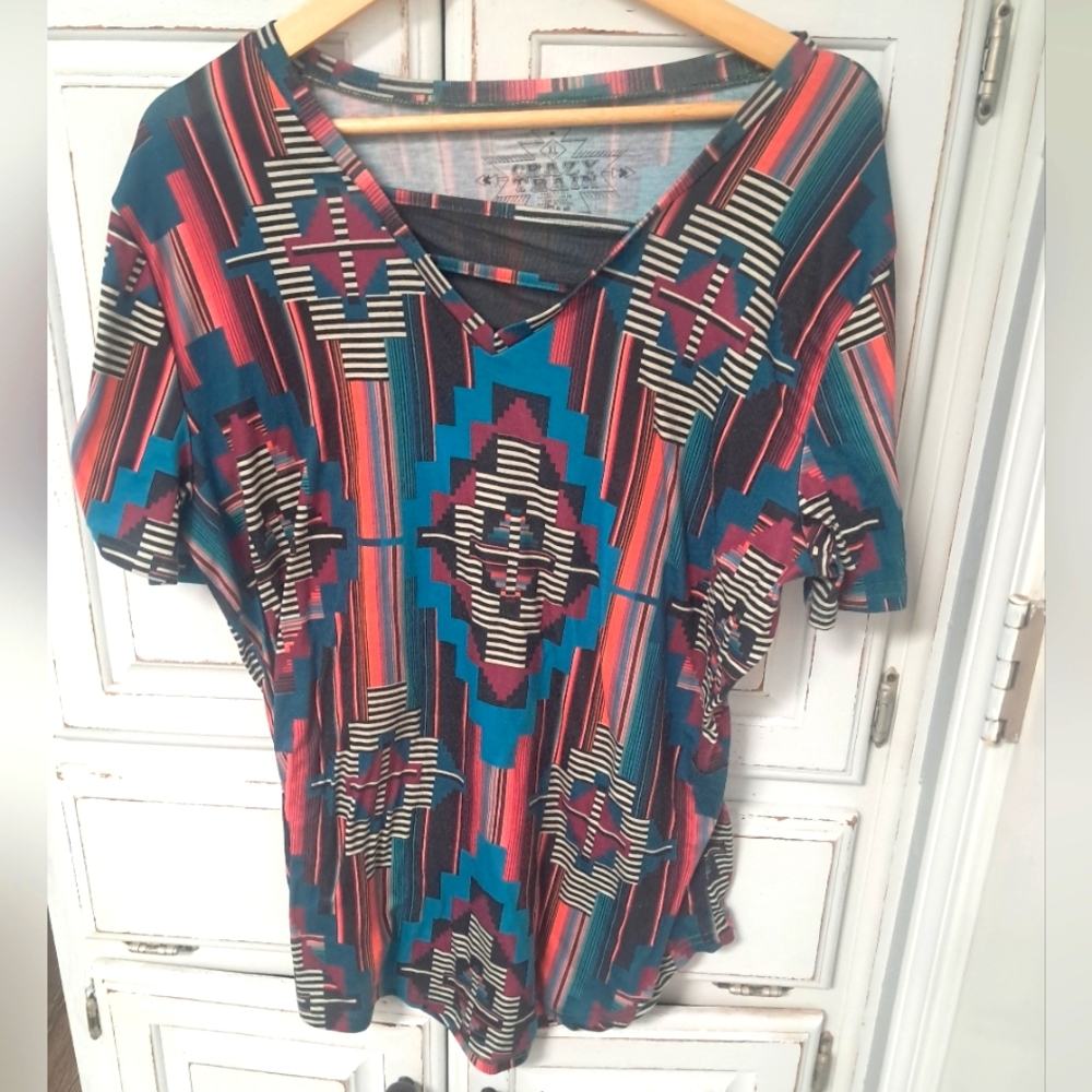Crazy Train Geometric V-Neck Tee - Multicolor Aztec XL